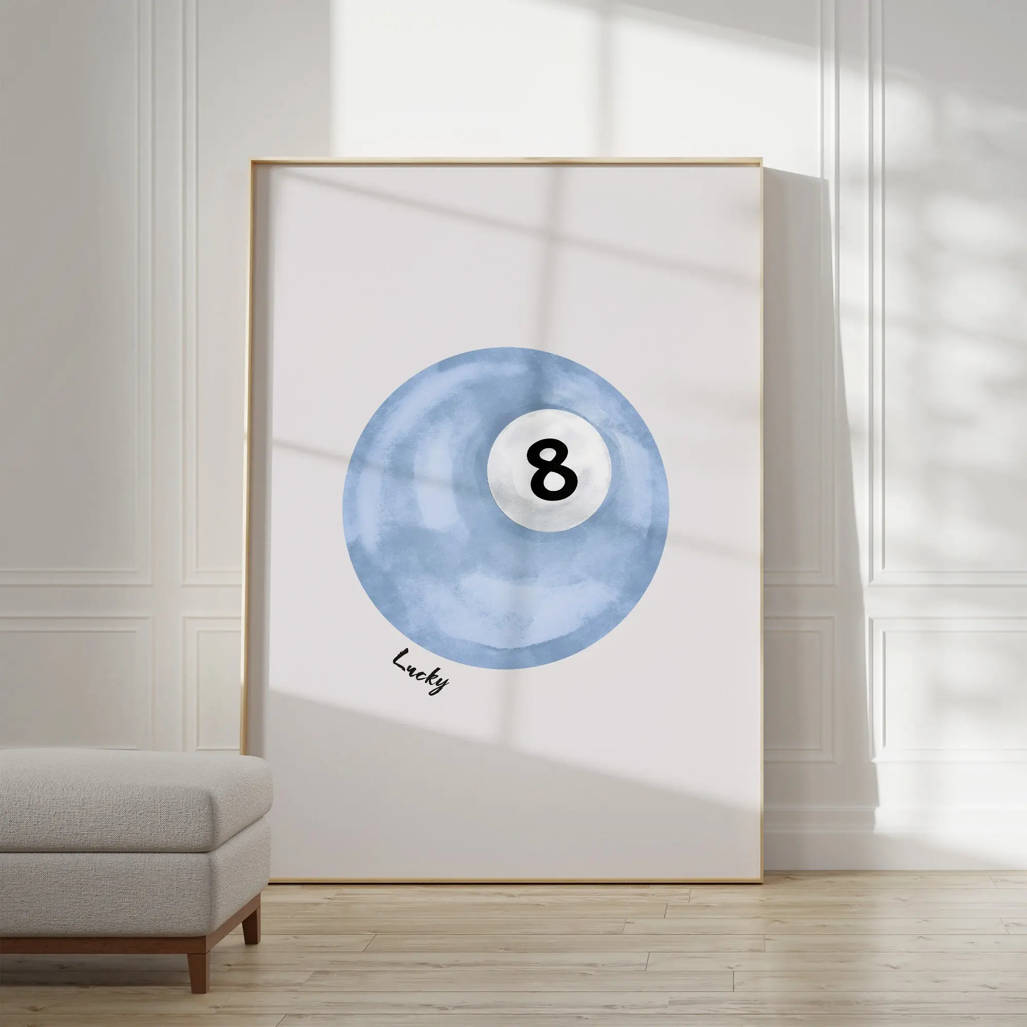 Lucky 8 Ball Wall Art, Vintage Pool Ball Print, Sky Blue Pool Ball Poster, Retro Hand Drawn Bedroom Poster, Trendy Apartment Art Prints For Home Decor