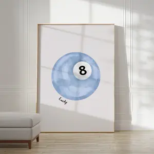 Lucky 8 Ball Wall Art, Vintage Pool Ball Print, Sky Blue Pool Ball Poster, Retro Hand Drawn Bedroom Poster, Trendy Apartment Art Prints For Home Decor