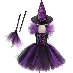 Girls Halloween Witch Costume with Witch Hat and Magic Brooms for 2-12 Years