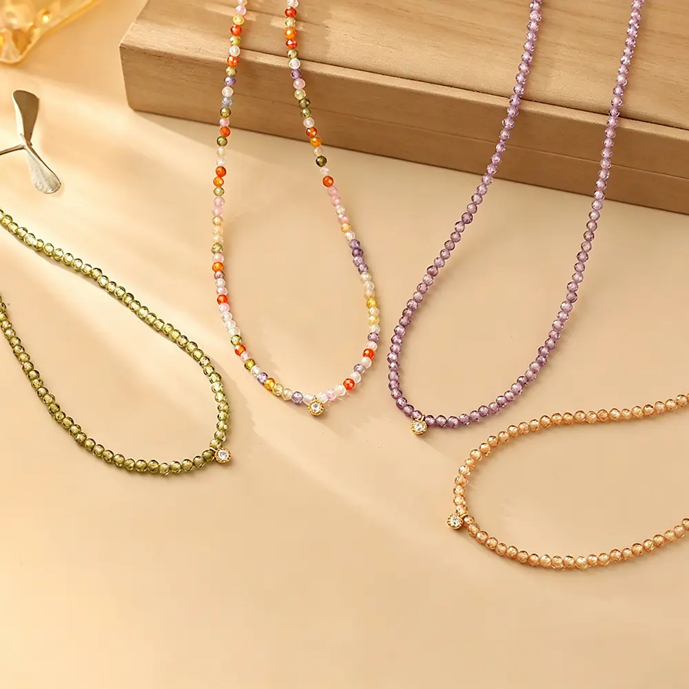 Women's Dopamine Tiny Faceted Zircon Beaded Choker Necklace, Dainty Thin Rainbow Layered Beaded Collar Chain, Minimalist Sweet Daily Office Jewelry, Layered Beaded Necklace, Rainbow Beaded Choker
