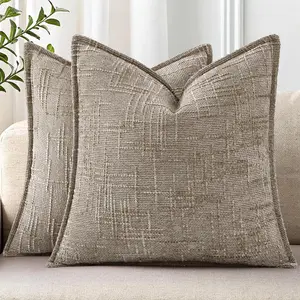 Chenille Throw Pillow Covers 18x18 Set of 2, Thick Textured Slubby Neutral Decorative Pillow Covers with Elegant Design for Couch, Sofa, Living Room, Oatmeal