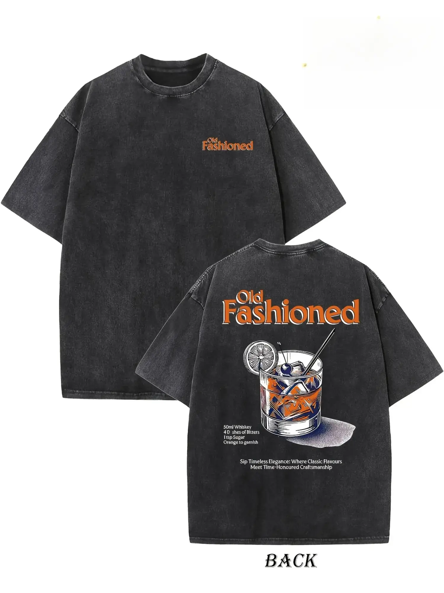 Men's 230gsm Cotton Vintage Washed T-Shirt - Double-Sided "OLD FASHIONED" Graphic, Loose Fit Streetwear, Ribbed Neckline, Unisex Hip Hop