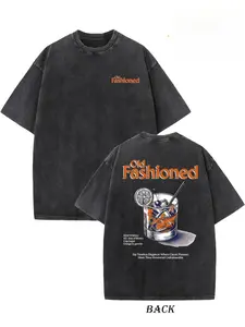 Men's 230gsm Cotton Vintage Washed T-Shirt - Double-Sided "OLD FASHIONED" Graphic, Loose Fit Streetwear, Ribbed Neckline, Unisex Hip Hop