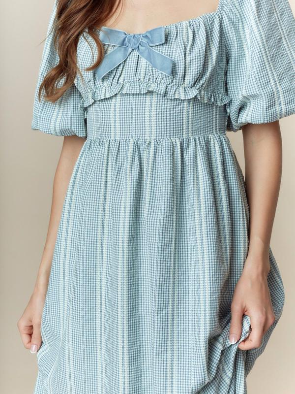 Front Velvet Bow Detail Bubble Sleeve Midi Dress