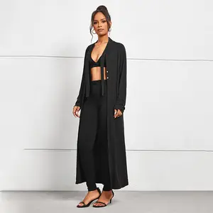 Classy Casual 3 Piece Set - Black Long Cardigan Top and Pants for Stylish Wear Comfortable & Elegant Everyday Outfit