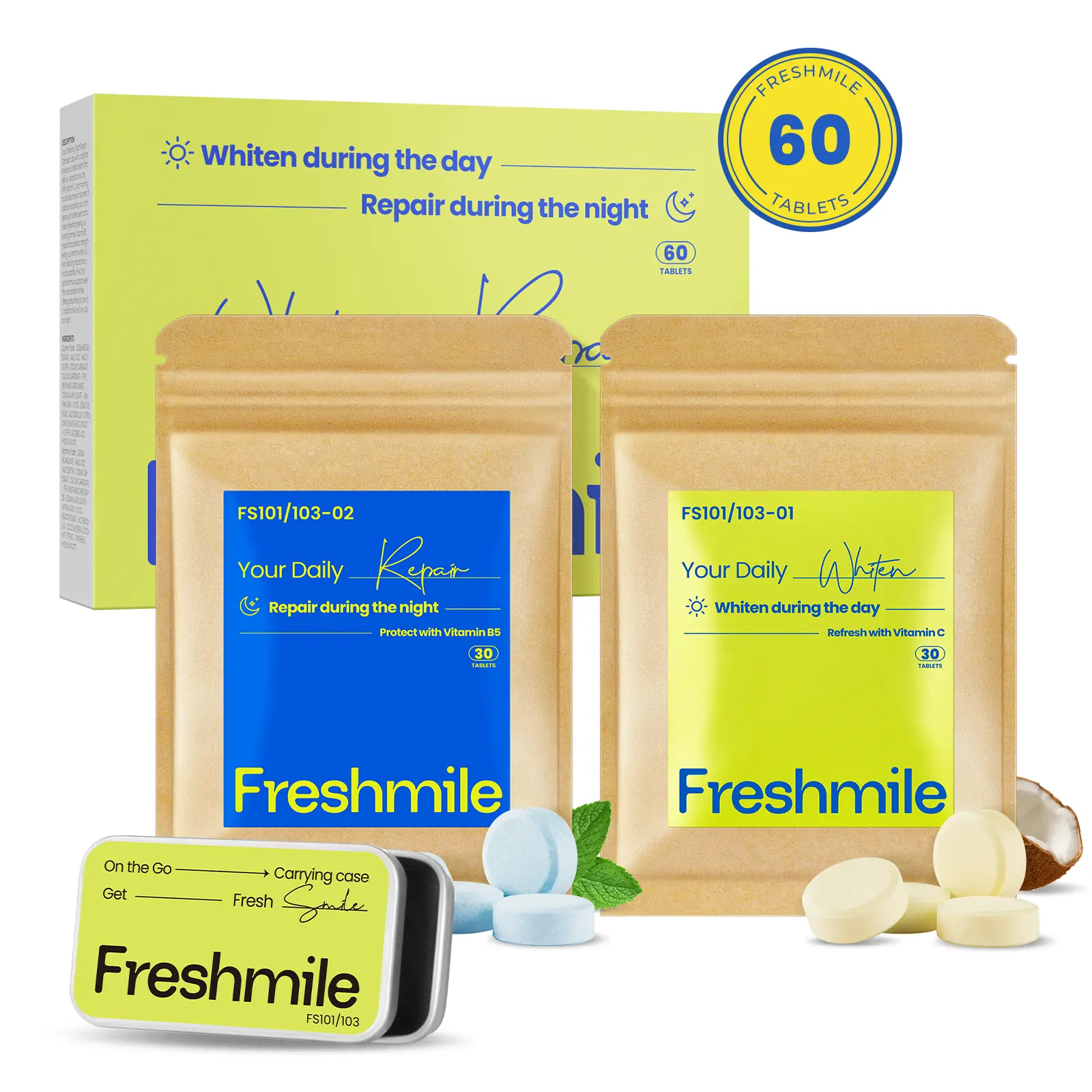 FRESHMILE Day & Night Toothpaste Tablets, 60-Count Travel Kit with Nano-Hydroxyapatite, Vitamin C, Fluoride-Free Anti-Bacterial Oral Care for Sensitive Gums, Smokers - Travel Must-Haves for Teeth Repair, Whitening, Deep Clean