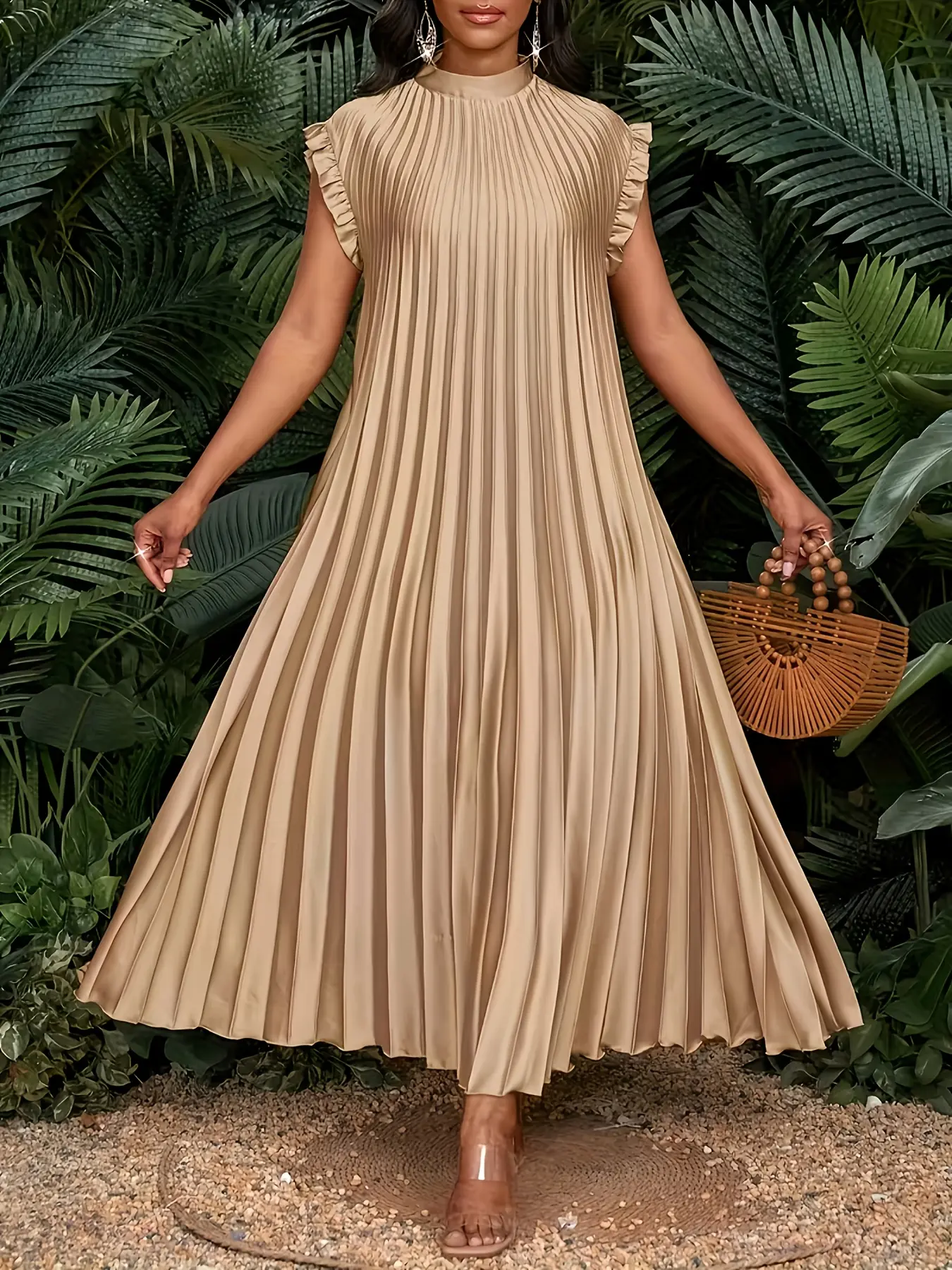 [Plus Size Luxury Dress] Plus Size - Pleated Champagne Light Luxury Texture Long Dress - Easy Cut, Machine Washable, Loose Dress, Party, Office, Birthdays, Proms, Events (No Waist)