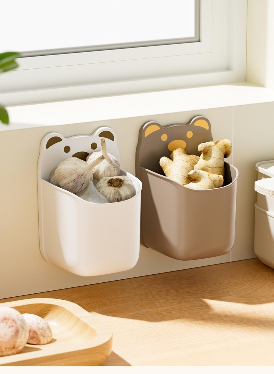 Cartoon wall storage box, ginger, garlic storage wall hanging storage box, storage basket, multi-functional kitchen wall storage rack, no-drilling adhesive hooks