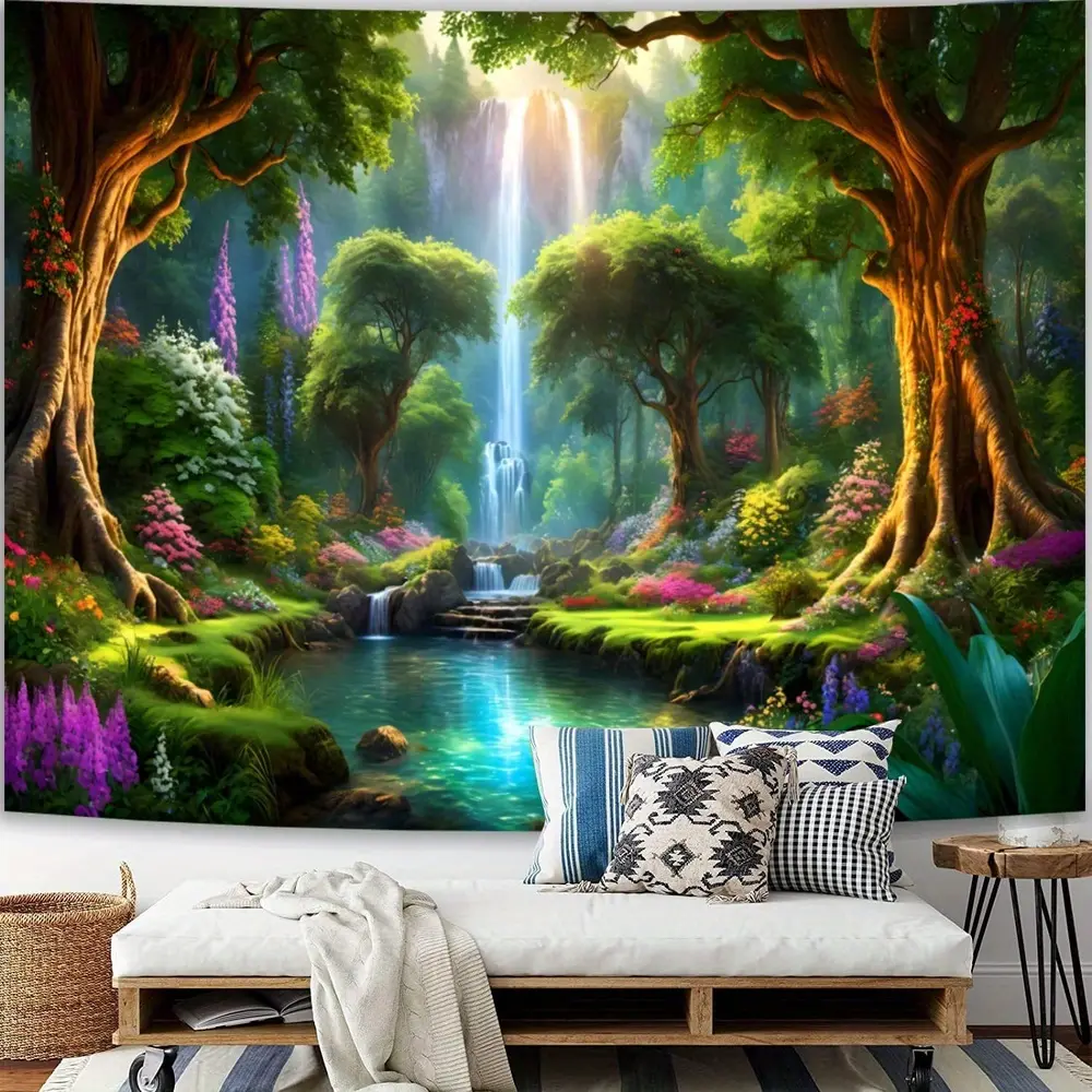 SparkLia Forest Landscape Tapestry - Green Tree, Waterfall, Sunshine River Hangable Indoor Fashion Wall Hanging for Bedroom, Living Room Room Decor