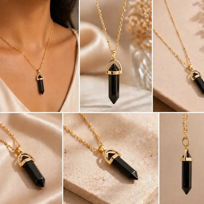 Black Crystal Bullet Pendant Necklace,gold plated necklace.