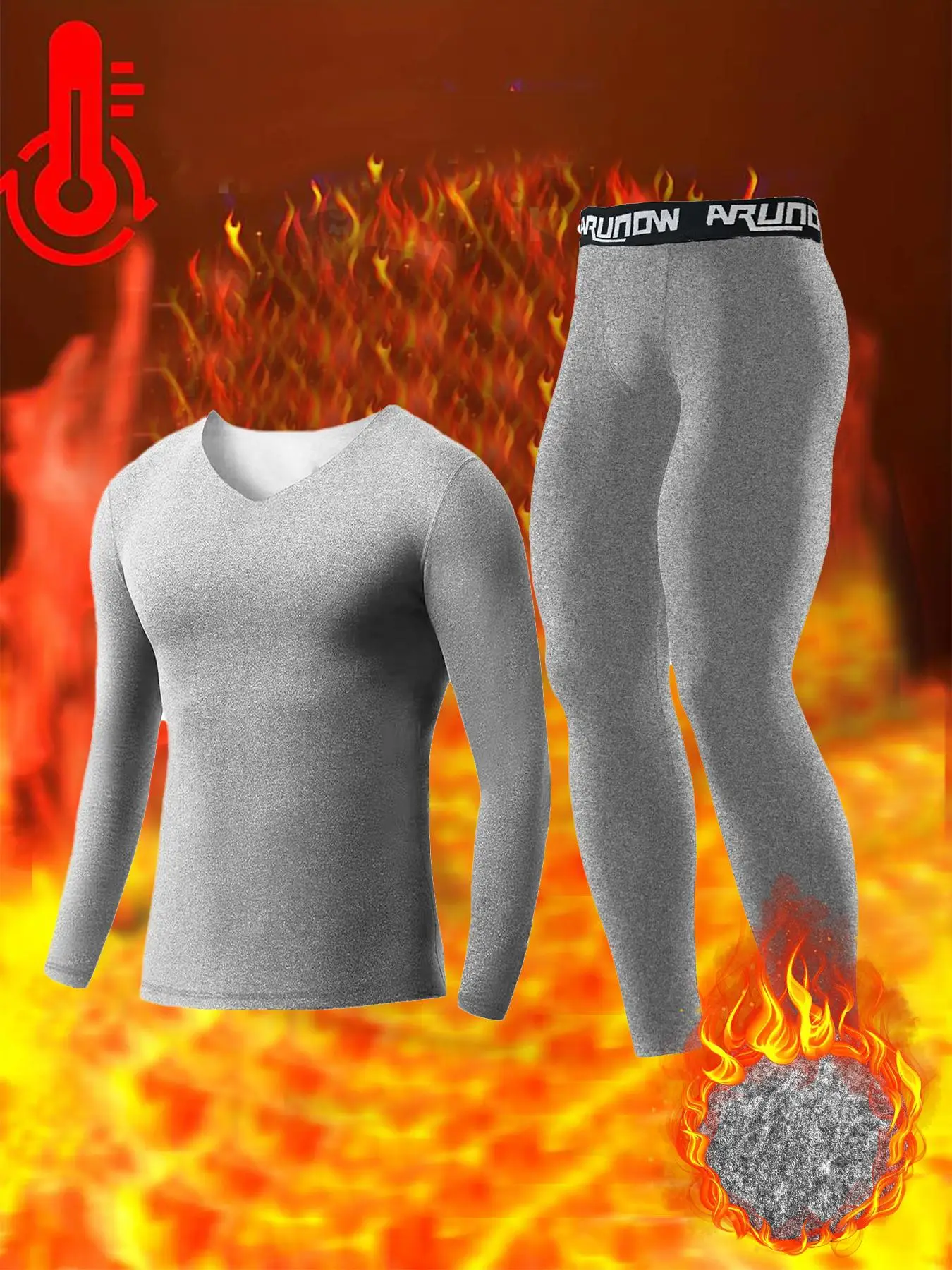 Men's Sporty Thermal Lined Underwear Set, Casual Comfy Long Sleeve V Neck Top & Letter Print Leggings Set for Fall & Winter, Men's Sportswear for Indo