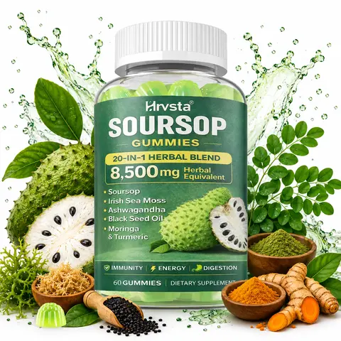 Hrvsta Soursop Gummies 20-in-1 Plant-Based Dietary Superfood Supplement - Natural Health, Immune Support, Daily Wellness with Sea Moss, Moringa, Turmeric, Black Seed Oil, Oregano, Ashwagandha, Vegan, Non-GMO, 60 Count