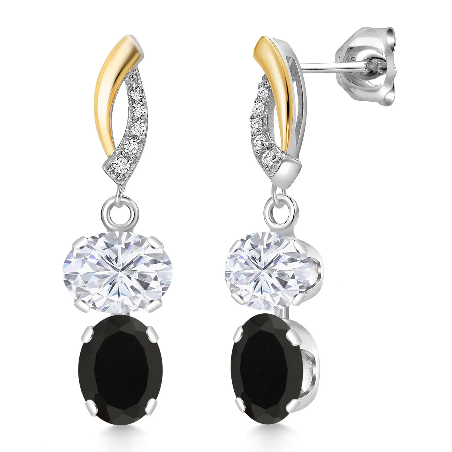 925 Silver and 10K Yellow Gold White Moissanite and Black Onyx and Lab Grown Diamond Dangle Earrings for Women | 6.30 Cttw | Gemstone Birthstone | Oval 8X6MM