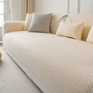 Plush Geometric Sofa Cover, Non-Slip Dustproof Modern Design, Durable All-Season Furniture Protector, Pure Color Short Plush Fabric