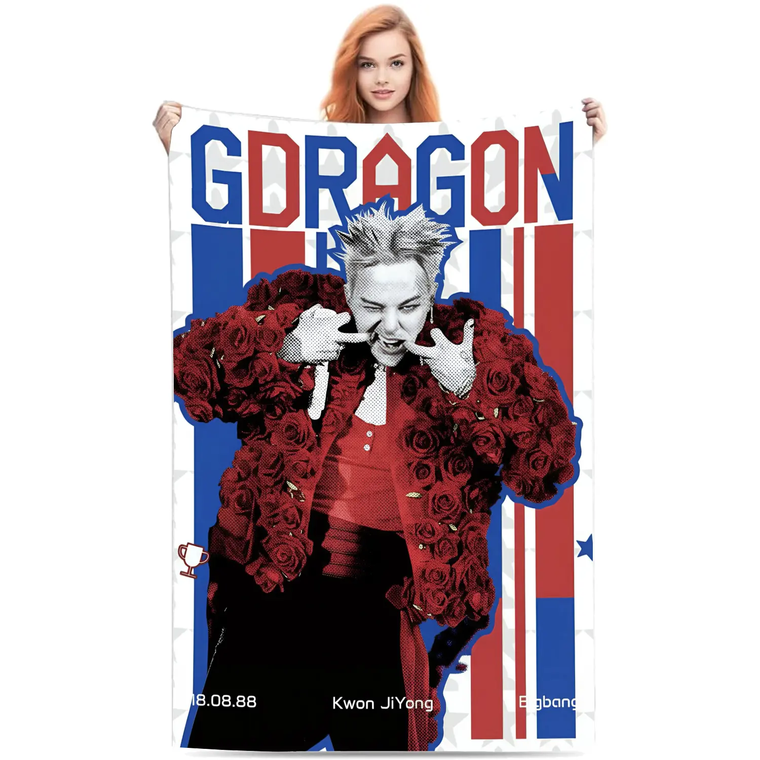 G-Dragon Red Rose Suit American Retro Red Blue Vertical Stripe Flannel Throw Blanket, Kwon Ji-yong 18.08.88 Vintage Poster Ultra Soft Fluffy Blanket, Perfect Gift for BIGBANG VIP Fans