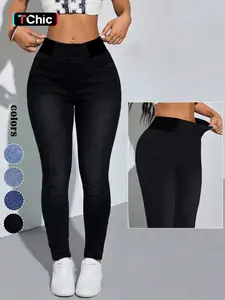 GILIPUR Women's Mid-Rise Stretch Skinny Jeans,Contrast Elastic Waistband Pockets Pull On Pants,Y2K Casual Comfortable Slim Fit Denim Leggings for Daily&Outdoor TChic