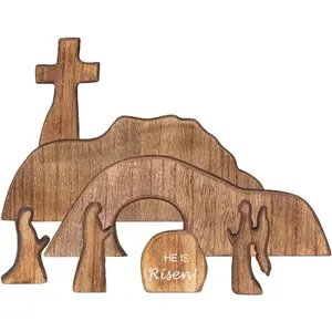 【He is Risen】Wooden Easter Resurrection Scene Cross Jesus Tomb Tray Set, Empty Tomb Easter Scene and Cross Decoration,Jesus Nativity Scene Decor for Religious Home Office Tabletop Christian Gifts (7)