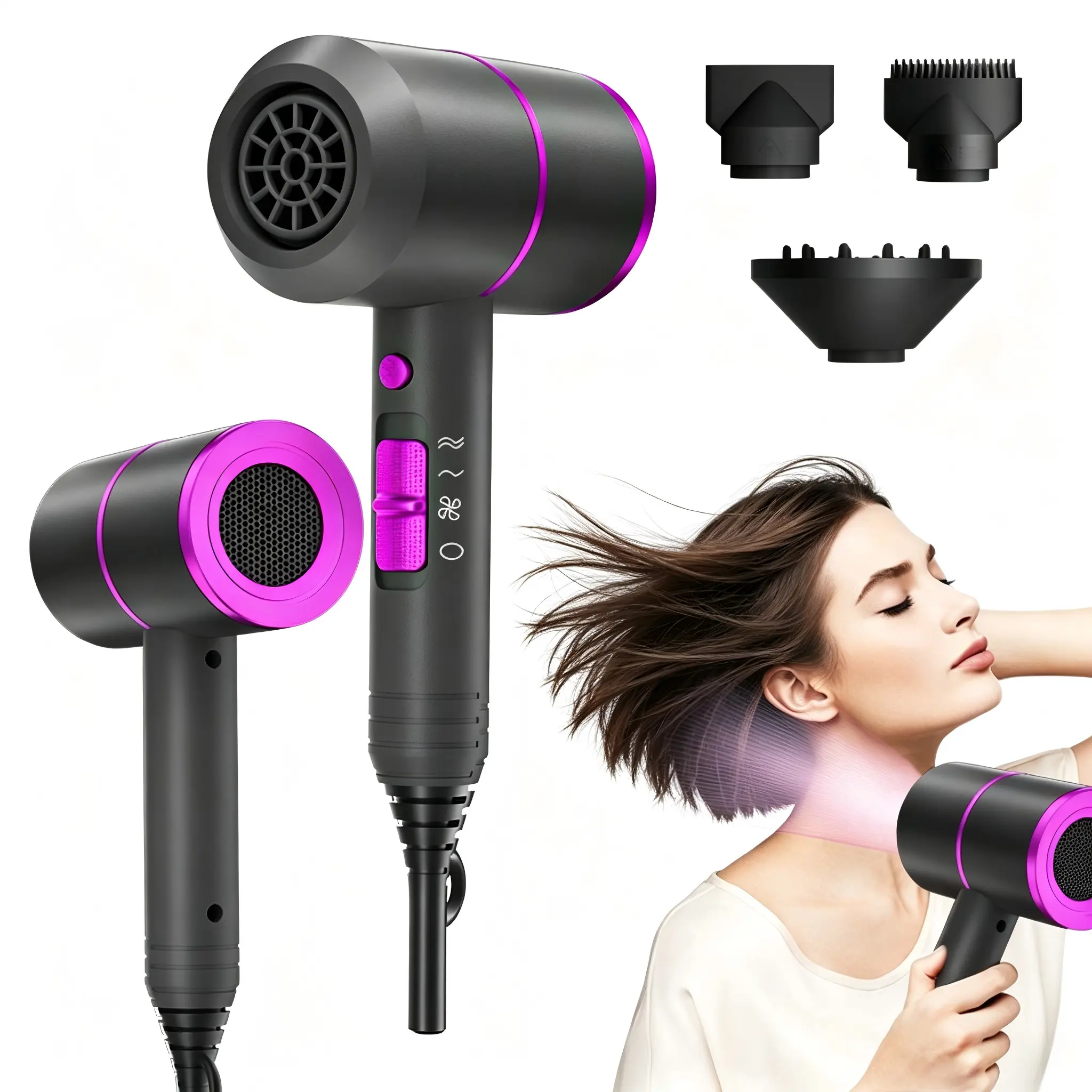 1800W Professional Ionic Blow Dryer, Lightweight Fast Drying Hair Dryer With 3 Styling Nozzle Attachments, Multifunctional Personal Care Blow Dryer For Home Salon Travel Hair Styling