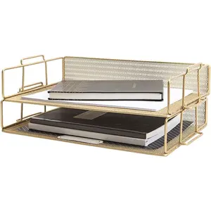Paper Tray Stackable Gold Mesh Set of 2| Stackable File Trays for Desk Organization| Tiered Desk Organizer with Metal Letter Trays