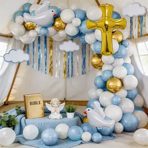 100pcs Blue Gold Balloon Arch Set, Dove Cross Aluminum Foil Balloons, Baptism Communion Baby Shower Party Background Decorations
