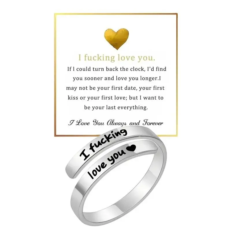 “I Fvcking Love You” Ring – Open Adjustable Stainless Steel, Engraved Heart Spiral Wrap, Vintage Promise Jewelry for Her