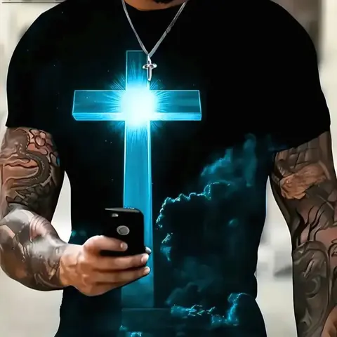 Men's Vintage Minimalist Style 3D Print Cross T-Shirt, Summer Short Sleeve Casual Streetwear Tee, Fitted Thin Knit Fabric Breathable Summer Top for All Seasons Menswear