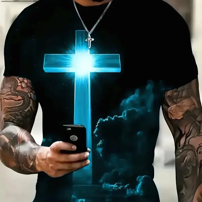 Men's Vintage Minimalist Style 3D Print Cross T-Shirt, Summer Short Sleeve Casual Streetwear Tee, Fitted Thin Knit Fabric Breathable Summer Top for All Seasons Menswear