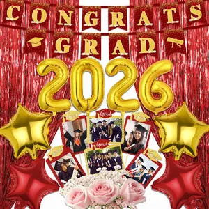 2026 Graduation Decoratiove Set Gold Red Congrats Grad Hanging Flag Happy Graduation Red Foil Banner Gold Number 2026&Gold Red stars Foil Balloon Red Parper Photo Booth Prop for 2026 Graduation Party Supplies Decoration Graduation Party Decorations