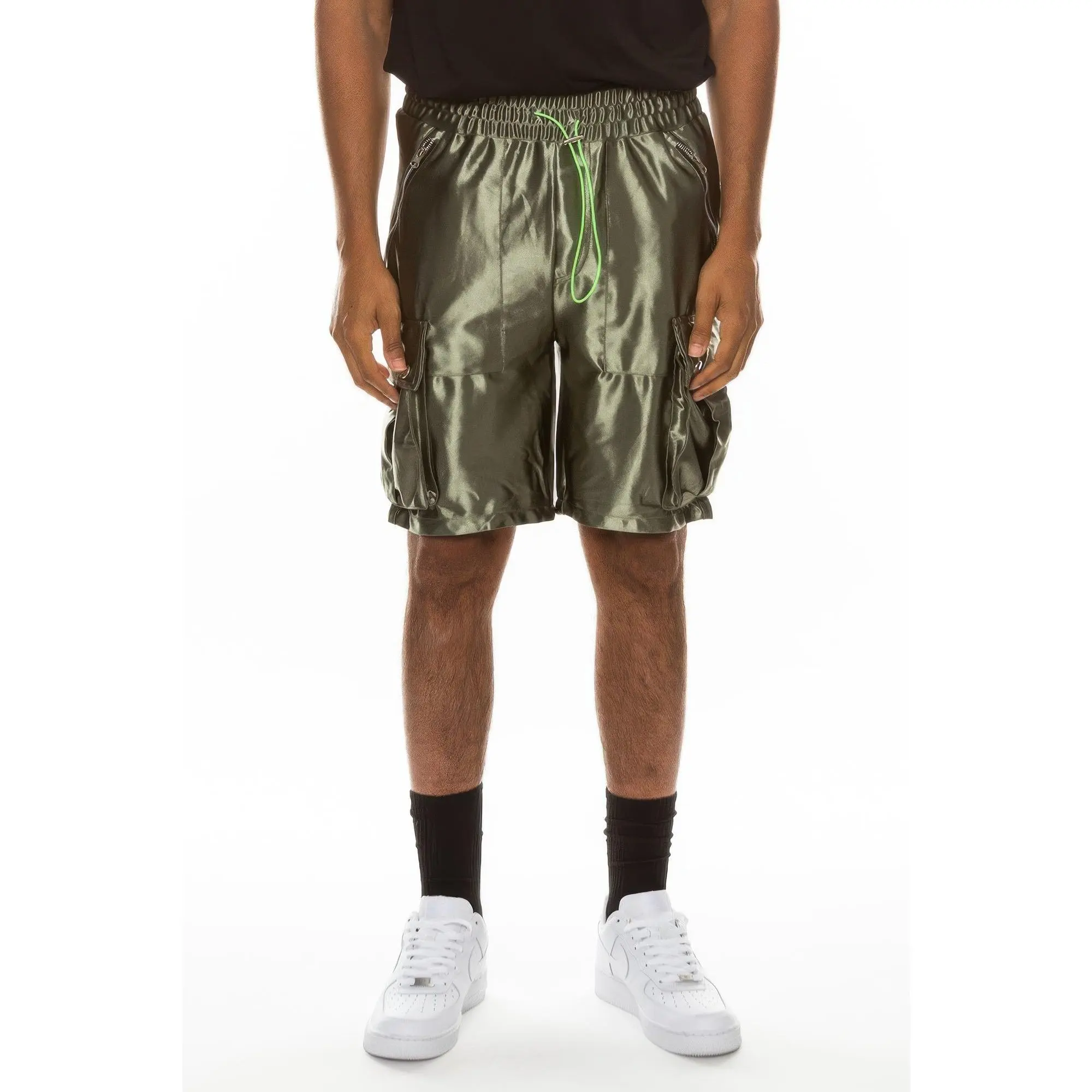 Satin Street Cargo Shorts for Men - Olive Green, Mid Waist, Knee Length, Y2K Style, Elastic Waistband, Zipper & Button Pockets, Comfortable All-Day Wear