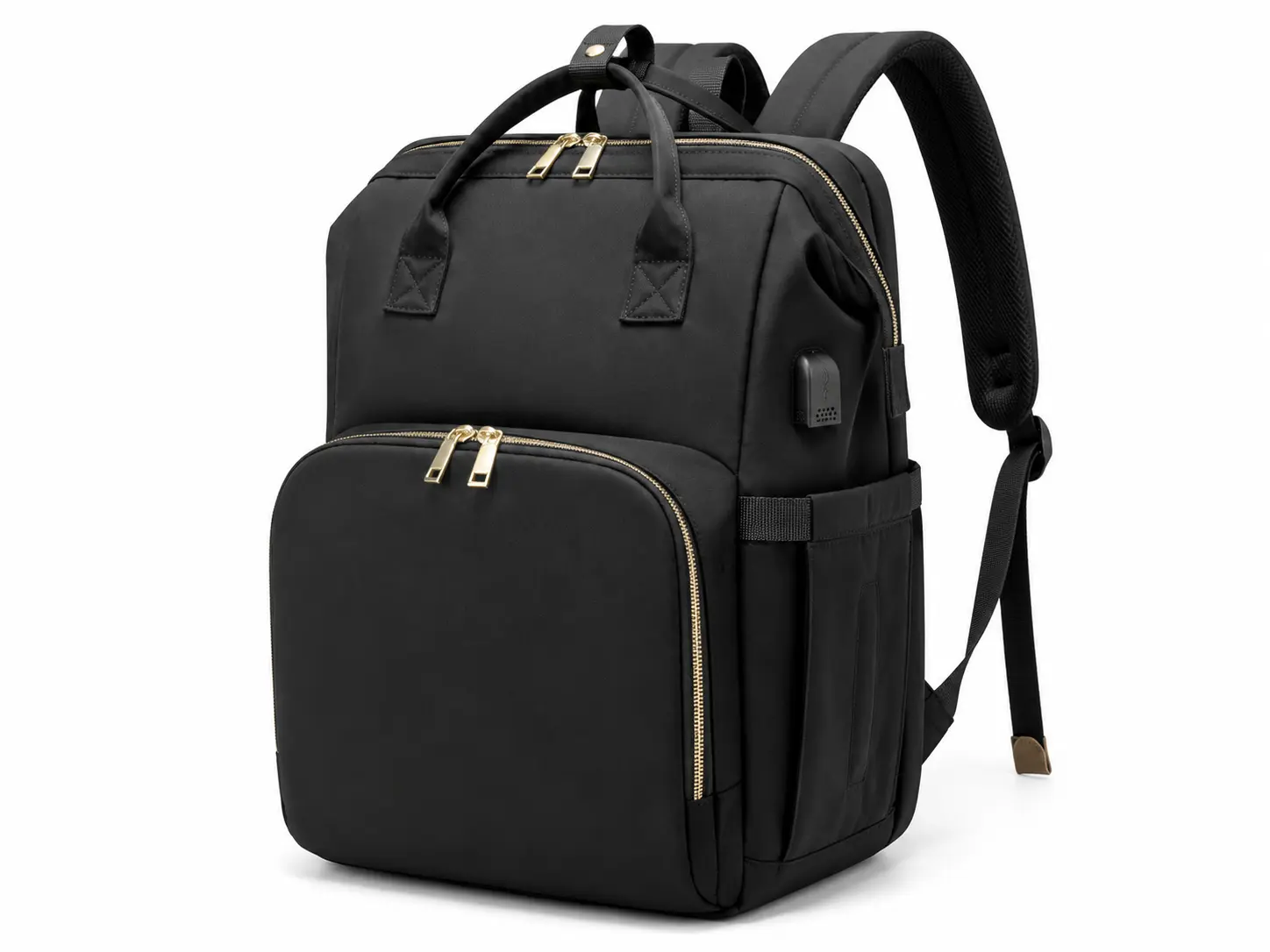 Black Waterproof Modern Baby Diaper Bag Backpack with Zip, Portable Changing Station, Large Capacity, Insulated Bottle Pockets, USB Charging Port, Laptop Compartment, Stroller Straps, Work & Travel Business Maternity Organizer for Parents