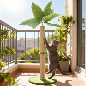 33" Cat Scratching Post with Dangling Ball Sturdy Palm Tree Design with 3D Leaves for Indoor Cats Durable Scratcher with Rope Ball Toy
