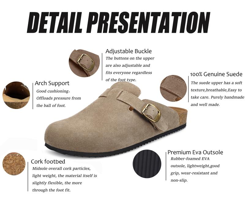 Men’s & Women’s Suede Clogs shoes,Adjustable Buckle Potato Shoes, Men’s Leather Mules, Cork Footbed Cushioned Sandals,