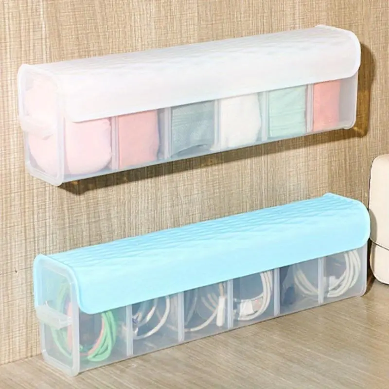 6 Grids Wall Mounted Underwear Storage Box Wall Hanging Transparent Panties Socks Storage Rack Closet Wardrobe Organization Organiser Clear Storage Box