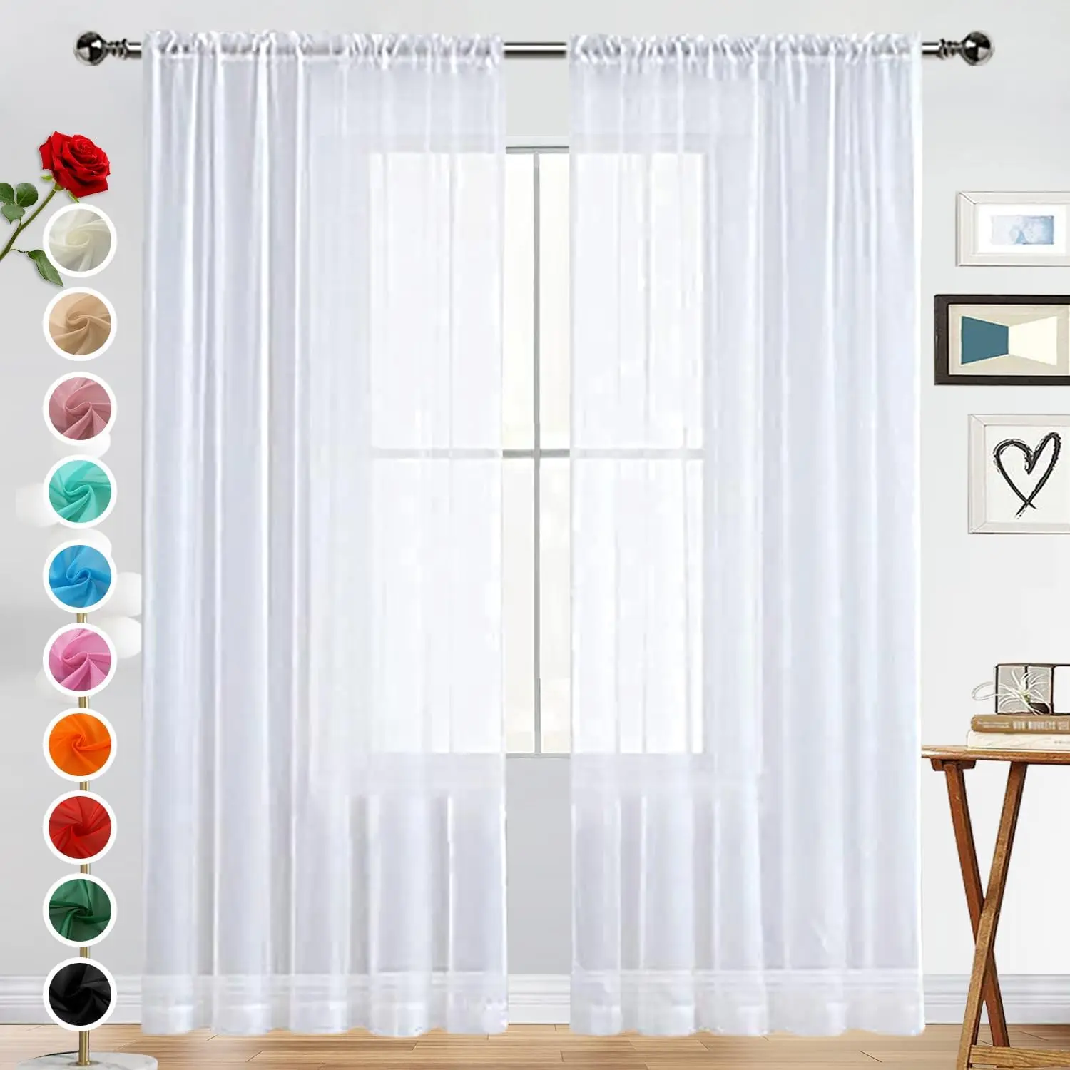 Rod Pocket Sheer Voile Window Curtain Panels White 1 Pair 2 Panels for Kitchen Bedroom Children Living Room Yard : Baby
