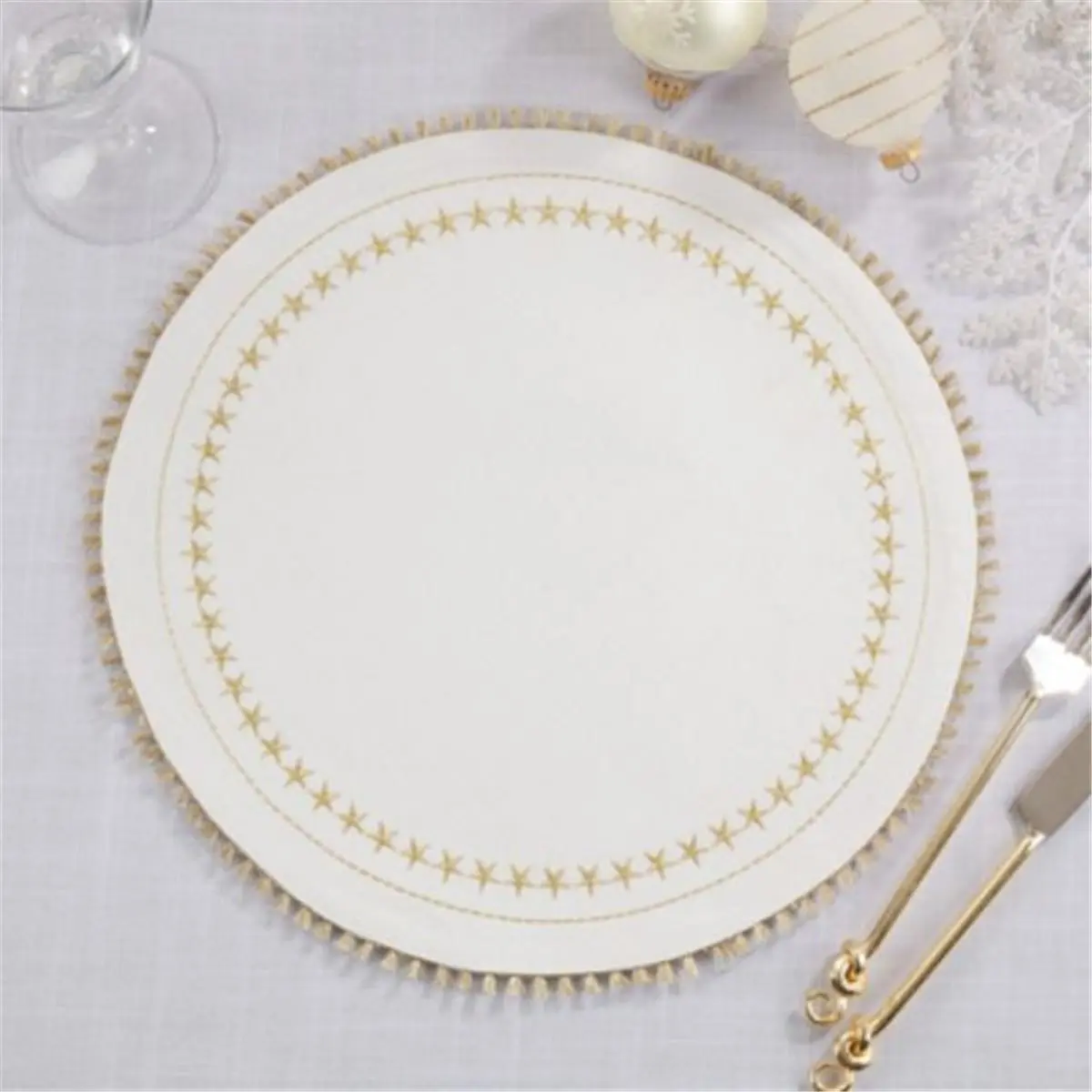 Saro Lifestyle 1136.GL14R 14 in. Round Embroidery Tableware Placemats with Tassels, Gold - Set of 4