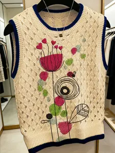 Women's Cartoon Abstract Floral Printed Round Neck Sweater Vest, Casual Sleeveless Knitted Top, Breathable Summer Fashion