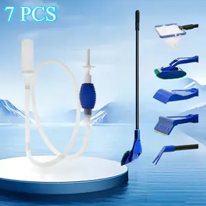 7pcs Aquarium Cleaning Kit, Algae Scraper, 5-in-1 and Gravel Cleaner Including Fish Net, Rake, Algae Scraper, Fork, and Sponge Brush, Siphon Vacuum for Water Change and Sand Removal, Aquarium Cleaning Algae Scraper