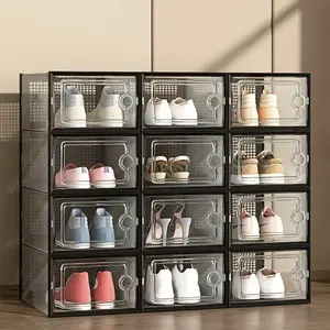 X-Large Shoe Storage Boxes Organizers Clear Plastic Stackable 12 Pack, Shoe Rack & Holder Substitute, Sneaker Containers, Toy Storage Organizer Bins for Entryway, Closet, Under Bed, Black