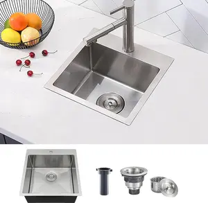 Comllen 15" x 15" Drop-in Bar Sink, 18 Gauge Stainless Steel, 9" Deep, Brushed Nickel, with Drainer