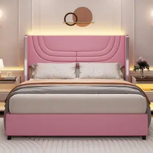 Modern LED Upholstered Bed Frame With Wooden Headboard – Soft PU Leather & Platform Design, Easy Assembly, Perfect For Bedroom,  Twin Bed Frame/ Full Bed Frame/ Queen Bed Frame, Black/Pink/Beige (USB LED Strip)