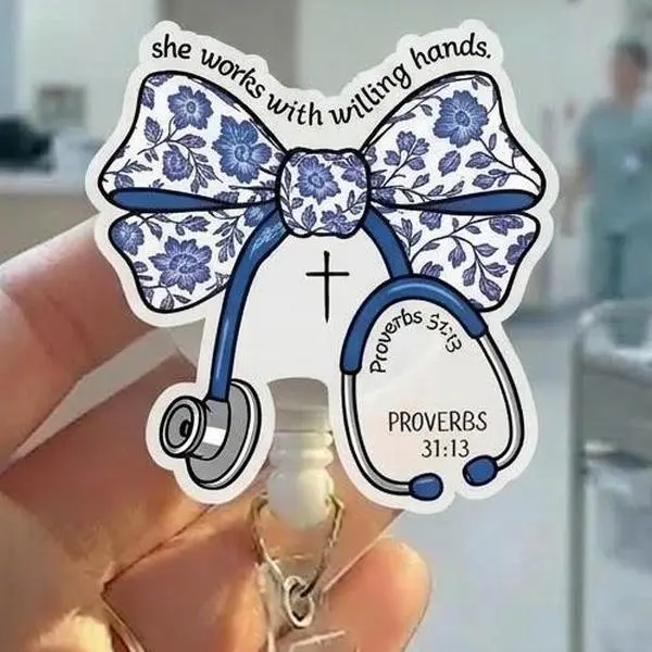 She Works With Willing Hands Nurse Badge Reel Proverbs 31 Christian Nurse Gift Retractable ID Holder Faith Based Nurse Accessory