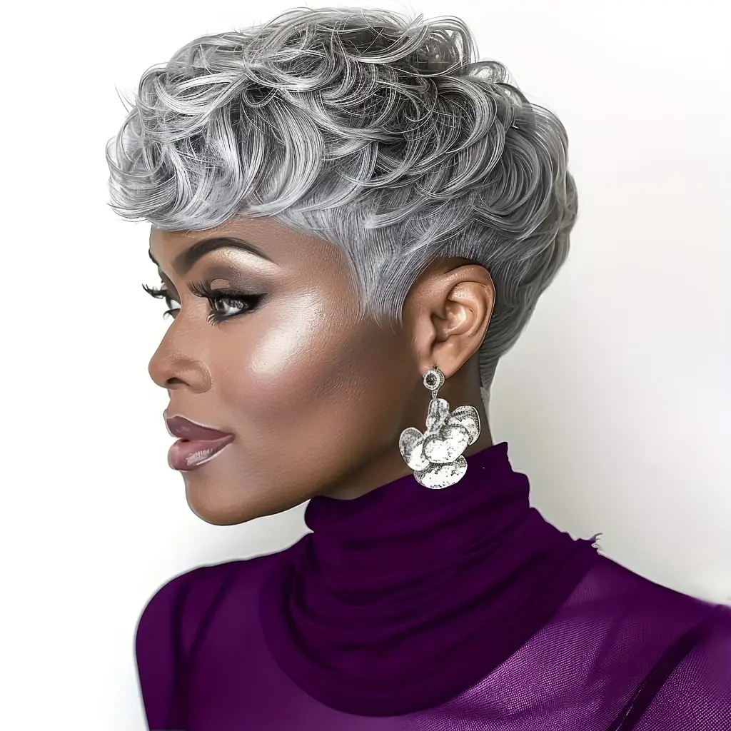 Women's Short Gray Pixie Cut Wig  Heat Resistant Synthetic Hair  Layered with Bangs, Natural Curly  Everyday, Party & Cosplay  Breathable Rose Net Cap