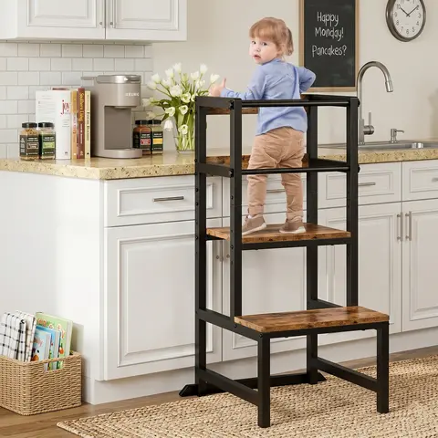InnoD Sturdy Toddler Adjustable Height Learning Tower Stool - Steel-Wood Construction, Safety Rail, Non-Slip, Tool-Free Setup, 3 Height Settings, 180lb Capacity, Scratch-Resistant Kid Friendly Furniture (Children's Kitchen Helper)