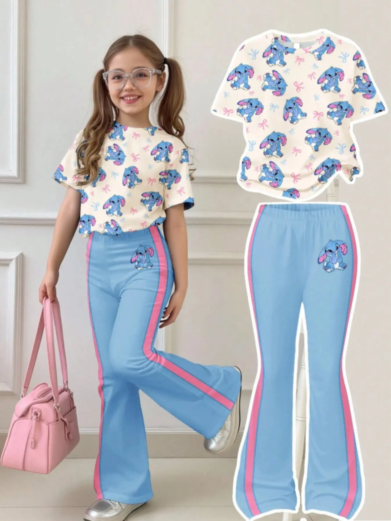 Teen Girls Cream Set, Cute Cartoon Blue Rabbit Pattern, Contrast Trim, Casual Loose Short Sleeve Round Neck Tee and Bell Bottoms, Cute Clothing Set, Summer Clothing Set