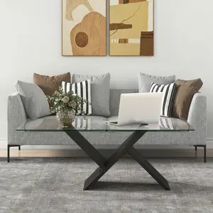 COSTWAY - 47 Inch Rectangle Glass Coffee Table Modern Center Table with Tempered Glass Tabletop-Black