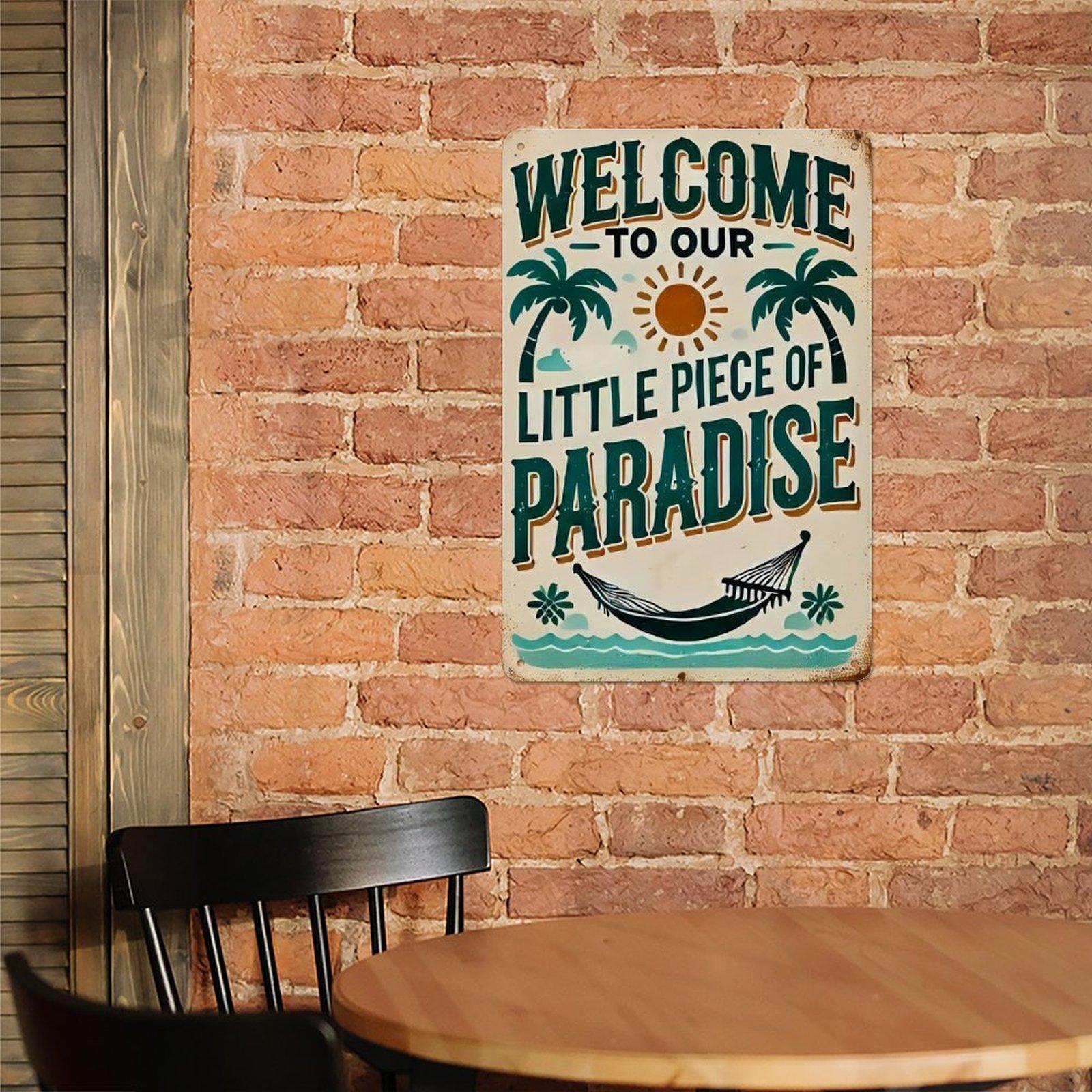 Welcome to Our Little Piece of Paradise Metal Sign, 8x12 Inch Vintage Tropical Beach Aluminum Tin Sign, Rustic Palm Tree Summer Welcome Wall Art Decor with Pre-drilled Holes for Beach House Pool Porch Patio Home Decor