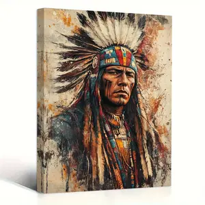 1 Piece Apache Warrior Wall Art Painting - Traditional Native American Canvas Painting, Artistic, Wooden Frame Mounted, Ready to Hang, Suitable for Bedroom, Living Room, and Farmhouse Home Decoration, Earth Tone Art Headdress Design, 2D Flat