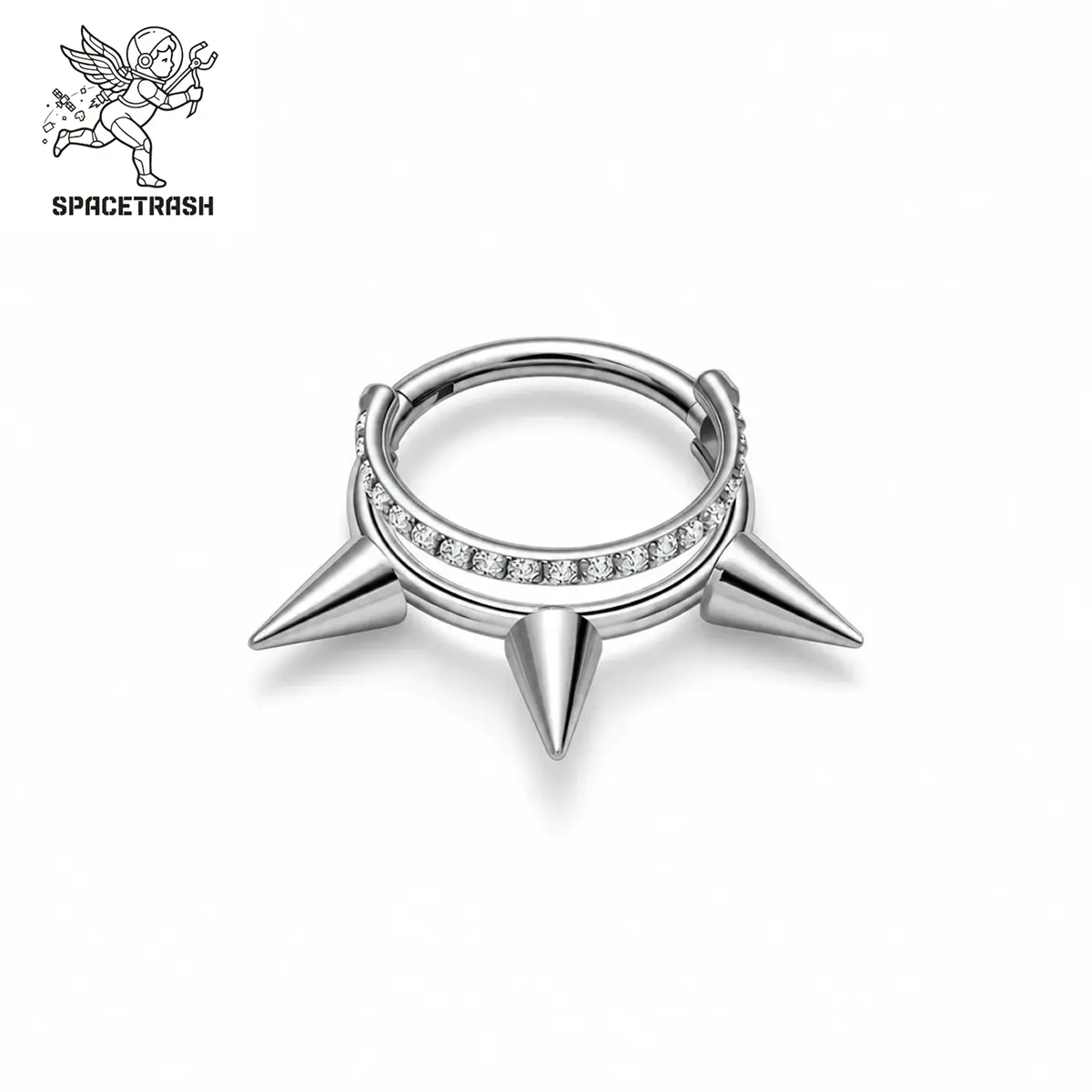 SPACETRASH Pavé Spike Clicker Nose Ring, ASTM F136 G23 Titanium Hinged Septum Hoop with Clear CZ Stones, Punk Piercing Jewelry