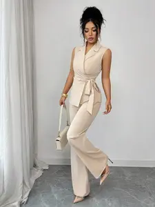 Selianne Apricot Plain Lapel Sleeveless Waistcoat And Long Pants Set Women Casual Knot Two Piece Casual Suit Outfit