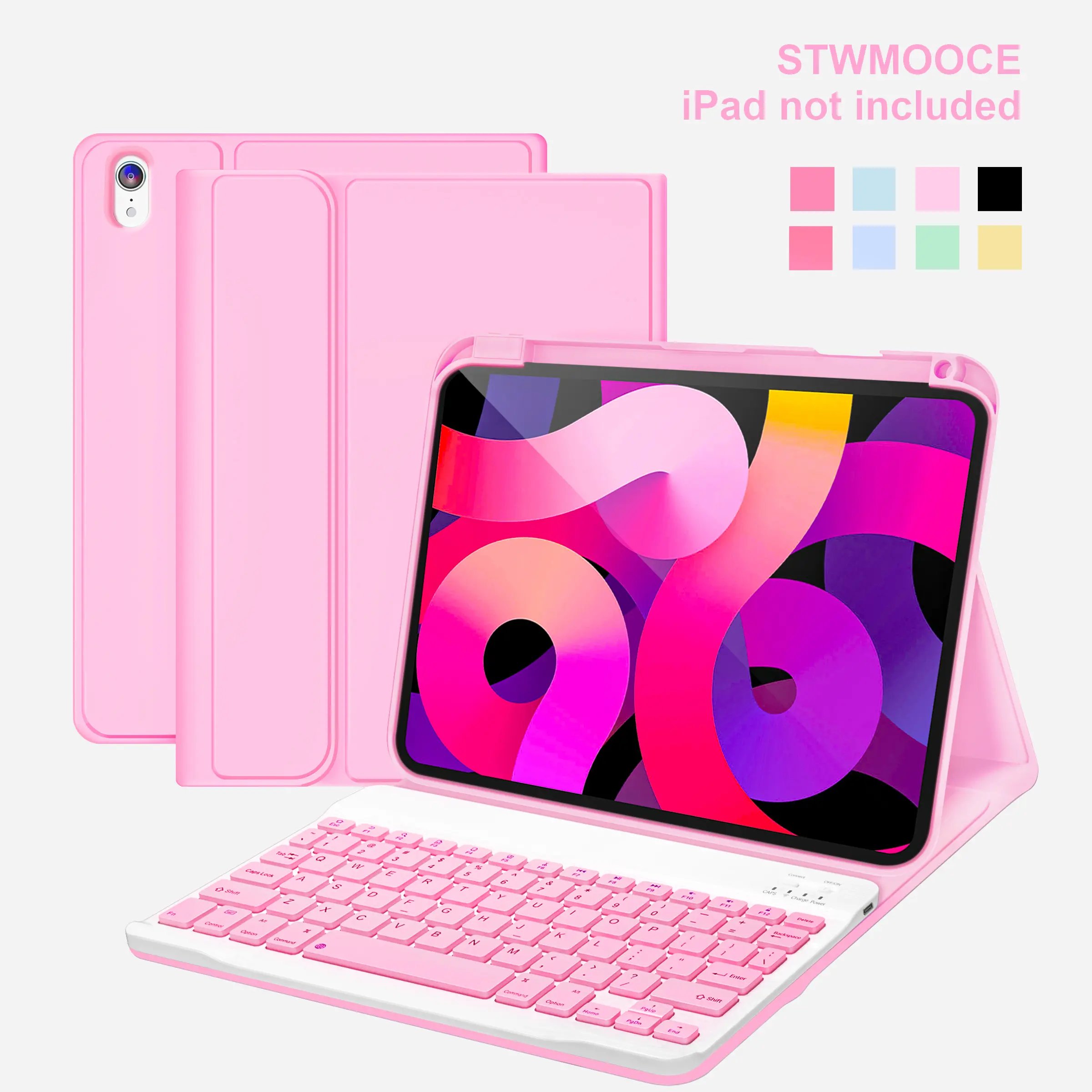STWMOOCE iPad Case with Wireless Keyboard, Detachable Bluetooth Keyboard Magnetic Cute Case for iPad 10.2 7/8/9th, iPad 10th/A16, iPad Air 4/5th, 11-inch iPad Air M2/M3/M4, iPad Pro 11 1/2/3/4th Gen, Pencil Holder Pink Cover